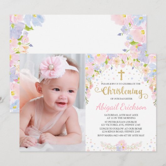 Invitation Jolie Pastel Aquarelle Florale Fille Christening (Devant / Derrière)