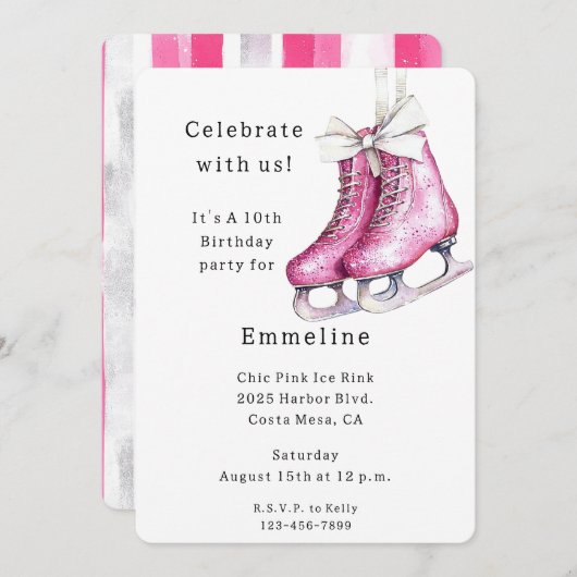 Invitation Jolie Patins de glace rose Anniversaire (Devant / Derrière)