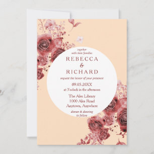 Invitation Jolie Pêche et Bourgogne Floral Elegance Mariage