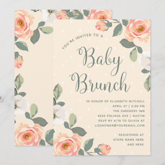 Invitation Jolie Pêche Florale | Brunch pour bébé (Devant / Derrière)