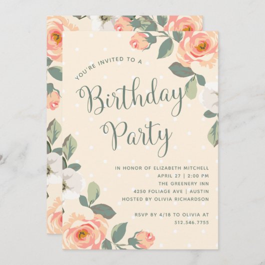 Invitation Jolie Pêche Florale | Fête d'anniversaire (Devant / Derrière)