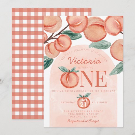 Invitation Jolie pêche sucrée en 1er anniversaire (Devant / Derrière)