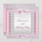 Invitation Jolie Perles Blanches Rose Lace Bow fête d'anniver (Devant / Derrière)