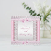 Invitation Jolie Perles Blanches Rose Lace Bow fête d'anniver (Debout devant)