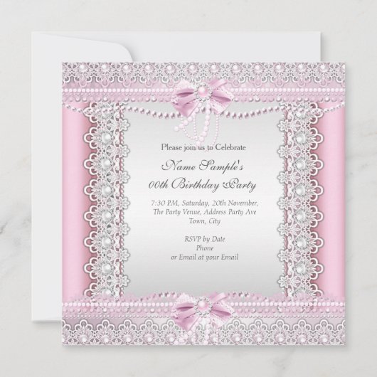 Invitation Jolie Perles Blanches Rose Lace Bow fête d'anniver (Dos)