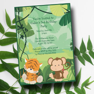 Invitation Jolie Personnalisée Enfants Jungle Tiger Monkey Sa