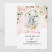 Invitation Jolie petite fille éléphant rougir fleurs or (Devant / Derrière)