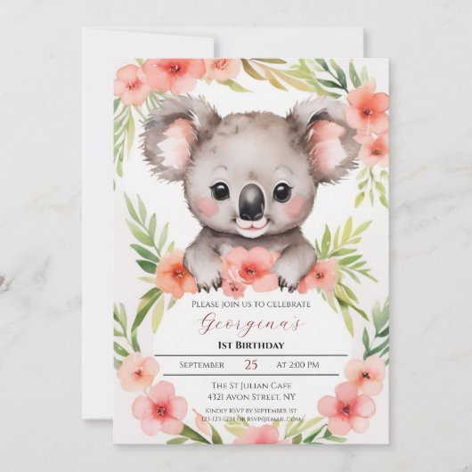 Invitation Jolie petite florale Koala fille anniversaire (Devant)