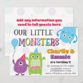 Invitation Jolie Petite Monstres Fête d'Anniversaire Commune, (Devant / Derrière)