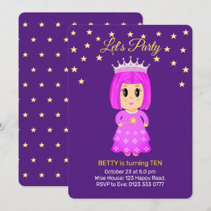 Invitation Jolie petite princesse & étoiles sur pourpre royal