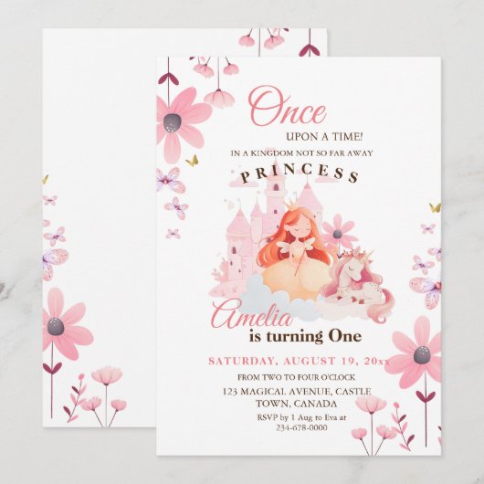 Invitation Jolie petite princesse Flower Anniversaire (Devant / Derrière)