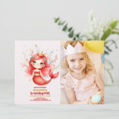 Invitation Jolie photo d'anniversaire de sirène à l'aquarelle (Debout devant)