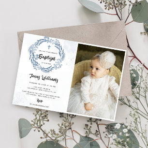 Invitation Jolie photo de baptême aux florales bleues
