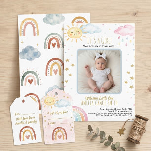 Invitation Jolie photo de bébé arc-en-ciel aquarelle bohème a