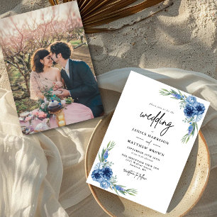 Invitation Jolie Photo Florale Bleu Poussiéreux de Mariage