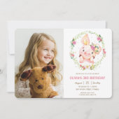Invitation Jolie Piggy rose floral vert Photo Anniversaire (Devant)