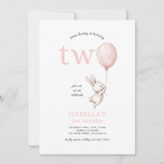 Invitation Jolie Pink Lapin Lapin Lapin Fille 2e Anniversaire (Devant)