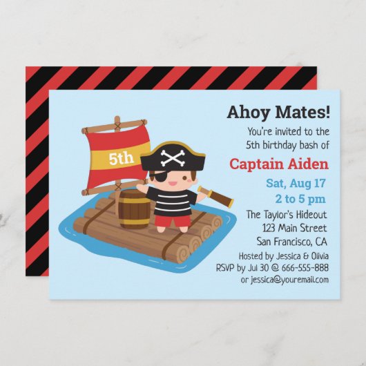 Invitation Jolie Pirate Boy sur voilier Raft fête d'anniversa (Devant / Derrière)