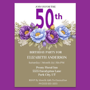 Invitation Jolie Pivoine Bleue et Violette 50e Anniversaire
