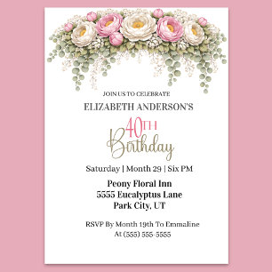 Invitation Jolie Pivoine Rose et Blanche 40e Anniversaire