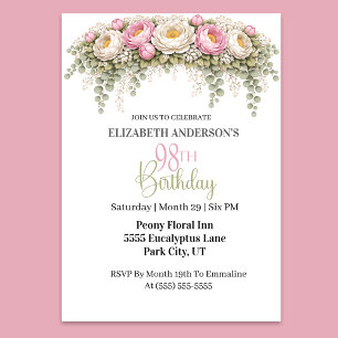 Invitation Jolie Pivoine Rose et Blanche 98e Anniversaire