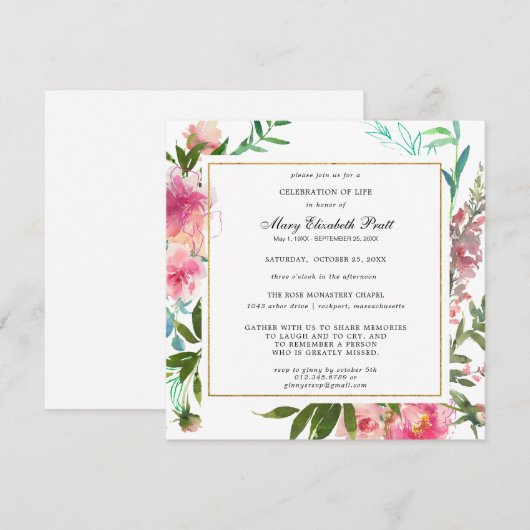 Invitation Jolie pivoine rose Fête de la vie (Devant / Derrière)