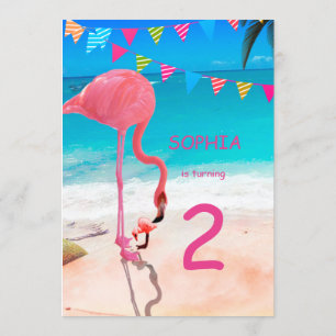 Invitation Jolie plage de Flamant rose rose bleu rose Enfants