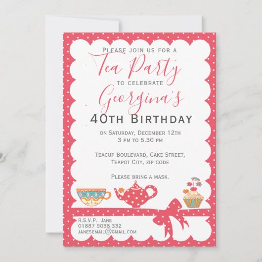 Invitation Jolie Polka Pot Anniversaire Tea Party (Devant)