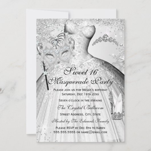 Invitation Jolie princesse d'argent Masquerade Sweet 16 Invit (Devant)