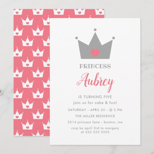 Invitation Jolie princesse de la Couronne fête d'anniversaire (Devant / Derrière)