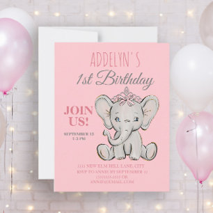 Invitation Jolie princesse éléphant petite fille 1er annivers