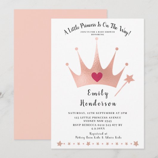 Invitation Jolie princesse Gold Baby shower rose (Devant / Derrière)