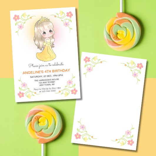 Invitation Jolie princesse Orange Robe Florale Anniversaire