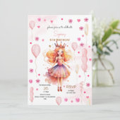 Invitation Jolie princesse rose et ballons anniversaire (Debout devant)