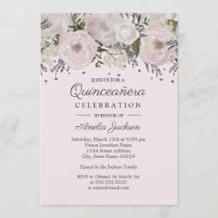 Invitation Jolie Quinceanera florale rose argent rose