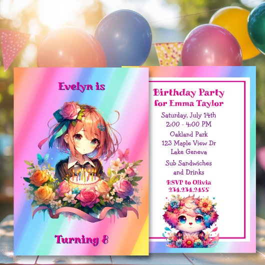 Invitation Jolie Rainbow Anime Fête d'anniversaire de fille