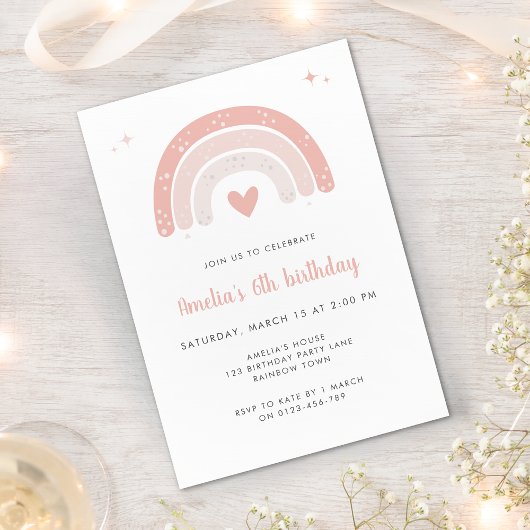 Invitation Jolie Rainbow Pink Script fille fête d'anniversair