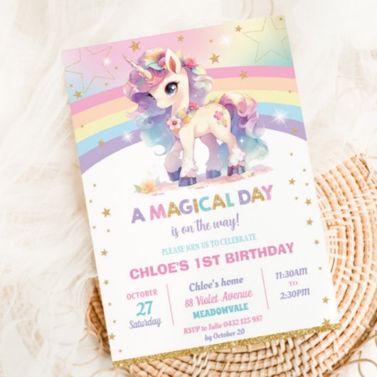 Invitation Jolie Rainbow Unicorn fête d'anniversaire fille