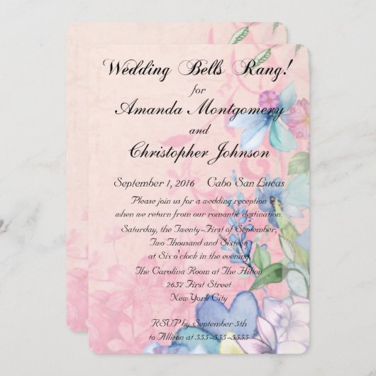 Invitation Jolie réception de mariage Fleur sauvage rose et b (Devant / Derrière)