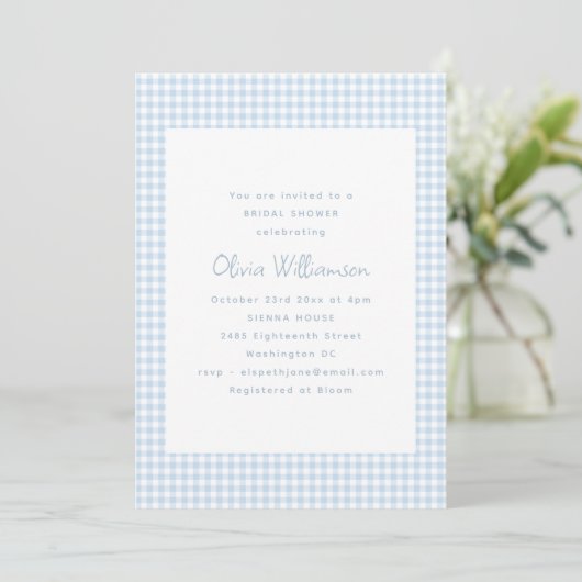 Invitation Jolie Rétro Mariage Prépayé Gingham Bleu Clair (Debout devant)