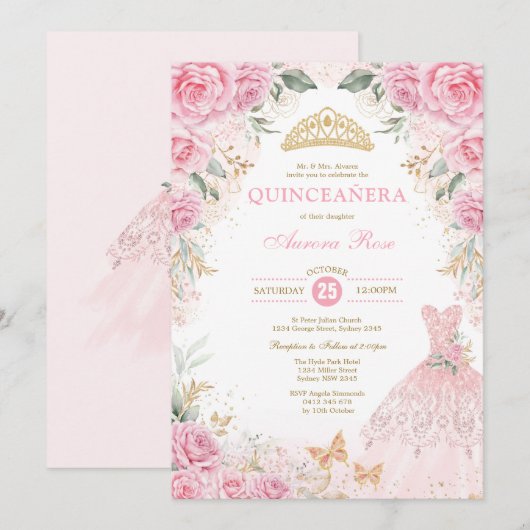 Invitation Jolie robe Rose d'or rose Quinceañera (Devant / Derrière)
