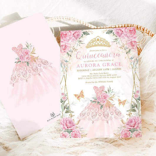 Invitation Jolie robe Rose d'or rose Quinceañera