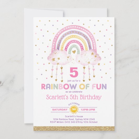 Invitation Jolie rose arc-en-ciel nuages Filles fête d'annive (Devant)