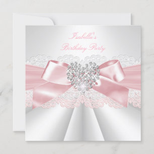 Invitation Jolie rose Blanc Diamond Coeur Anniversaire