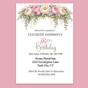 Invitation Jolie rose et blanche Paeonie 99e anniversaire