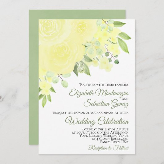Invitation Jolie rose et fleurs jaunes Mariage élégant (Devant / Derrière)