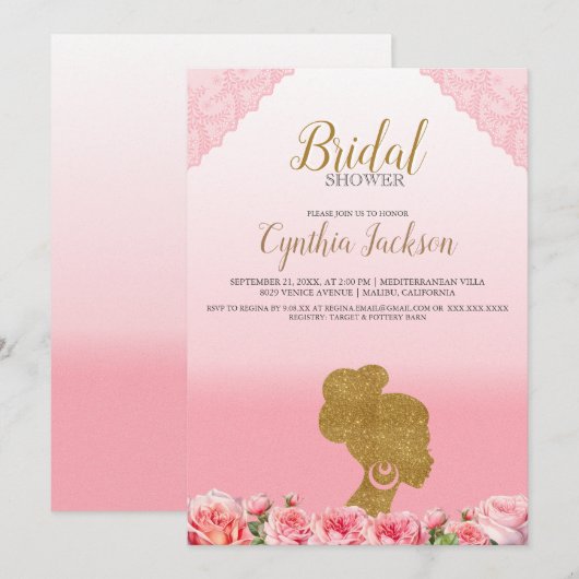 Invitation Jolie rose Fête des mariées de mariée afro-américa (Devant / Derrière)