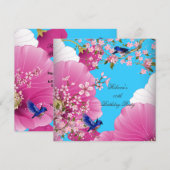 Invitation Jolie rose Fleur asiatique Bluebird fête d'anniver (Devant / Derrière)