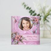 Invitation Jolie rose Fleurs Papillon Blanc Fête Anniversaire (Debout devant)