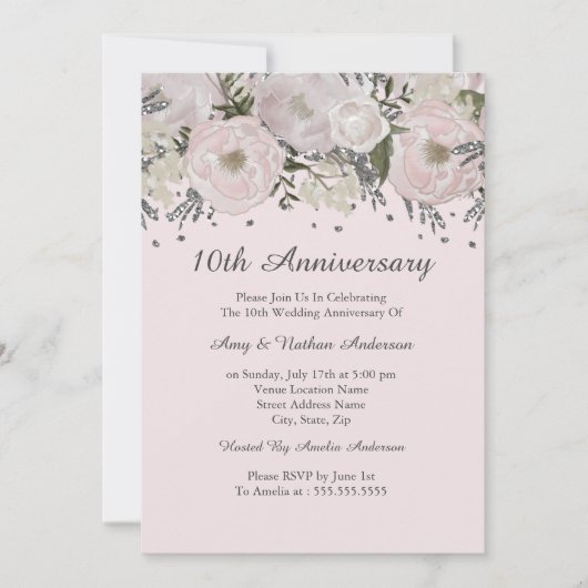 Invitation Jolie rose floral argent 10e anniversaire (Devant)